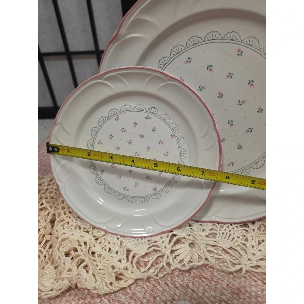 Vintage Victoriana Japan Pink Rosebud Stoneware Plate Set 1988 Cottagecore 3pc